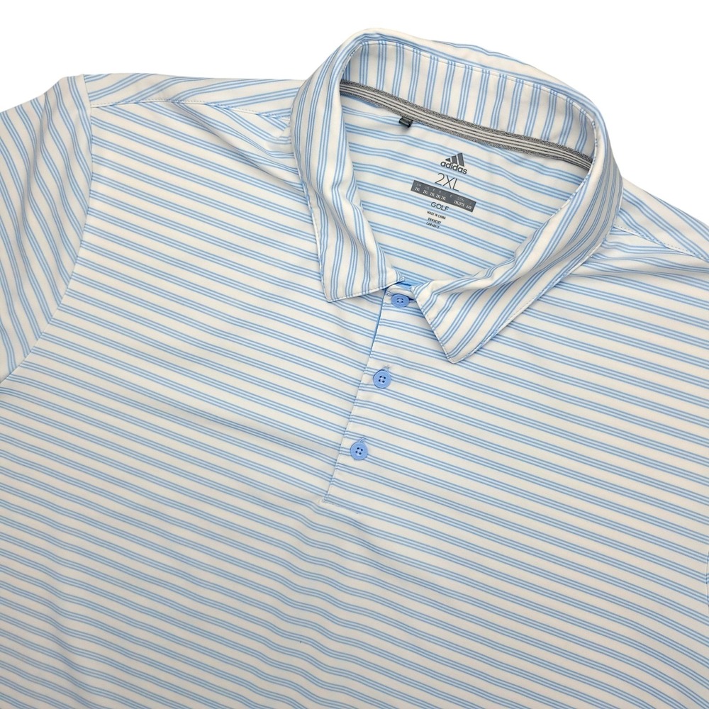 Adidas Polo Shirt Mens 2XL White‎ Blue Stripe Golf Performance Stretch Top